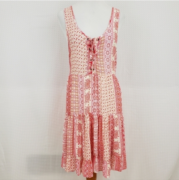 Lulus Dress Cache Creek Lace Up Tiered Swing Dress Red White Floral size Small - Picture 2 of 8
